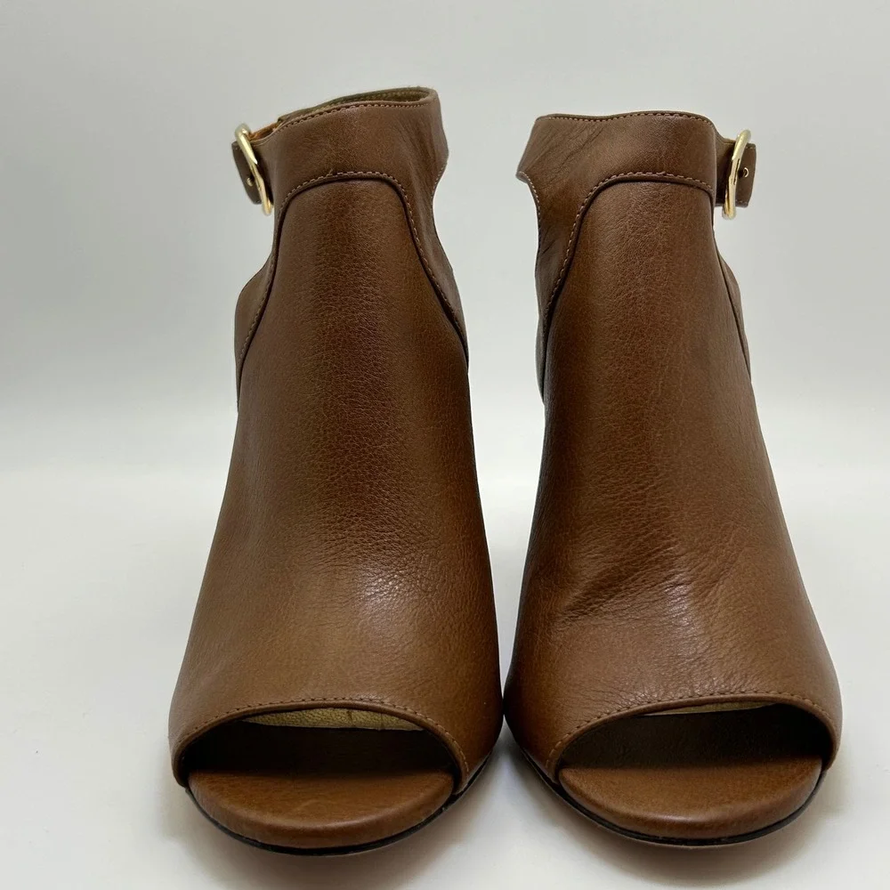 New Johnston Murphy Cassie Buckle Peep Toe Heel Booties 9.5‎ Brown Leather Ankle
